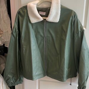 Green Faux Leather Bomber Jacket with White Sherpa Collar new with tags